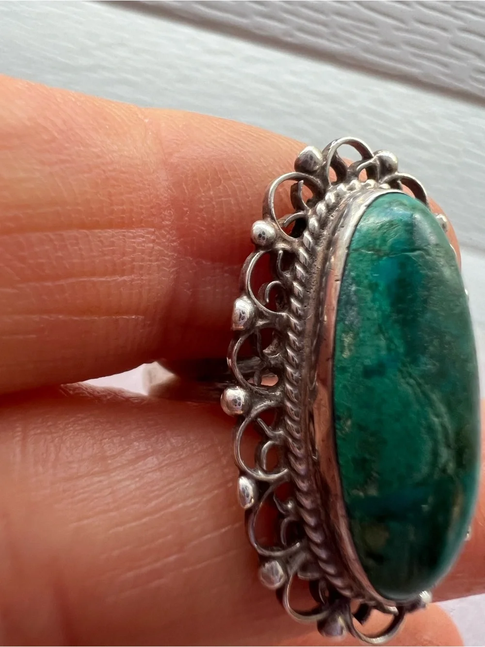 Artisan Signed Silver Ring with Teal-Green Oval Stone